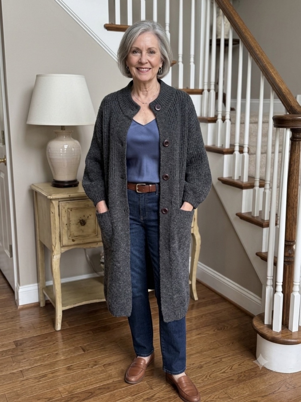 Long Button-Front Charcoal Gray Women's Cardigan Sweater Duster